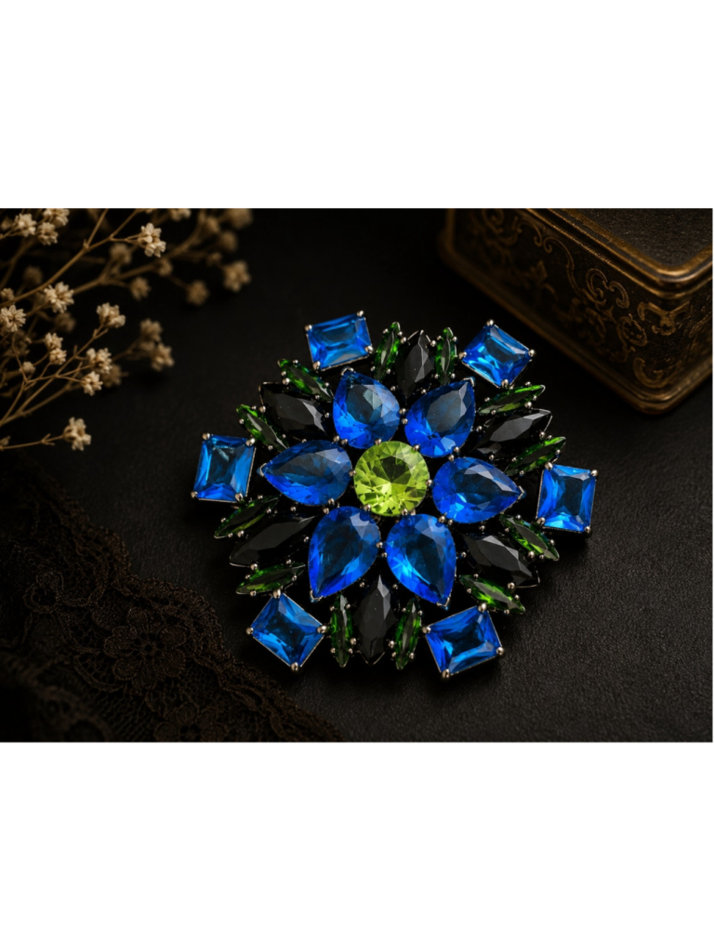 Joan Rivers Blue Green Rhinestone Floral Starburst Brooch Signed Statement Pin